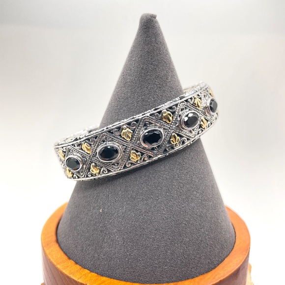 Robert Manse Signed 925 Sterling Silver 18K Onyx Cuff Bangle Bracelet - Picture 1 of 12